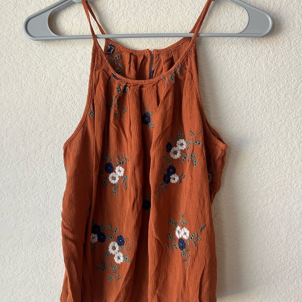 Floral Embroidered Rust Tank Top